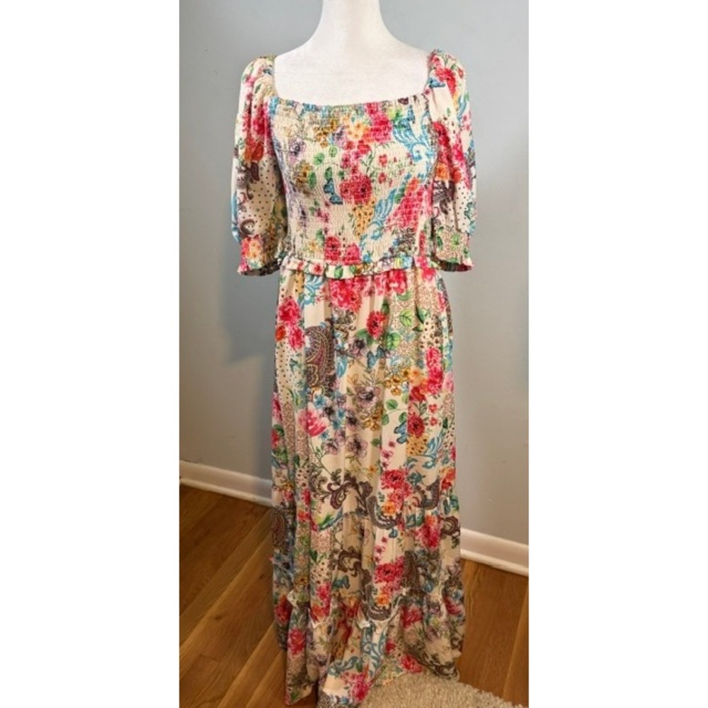 Betsey Johnson NWT Smocked Tiered Puff Sleeve Floral Paisley Maxi Dress Size S